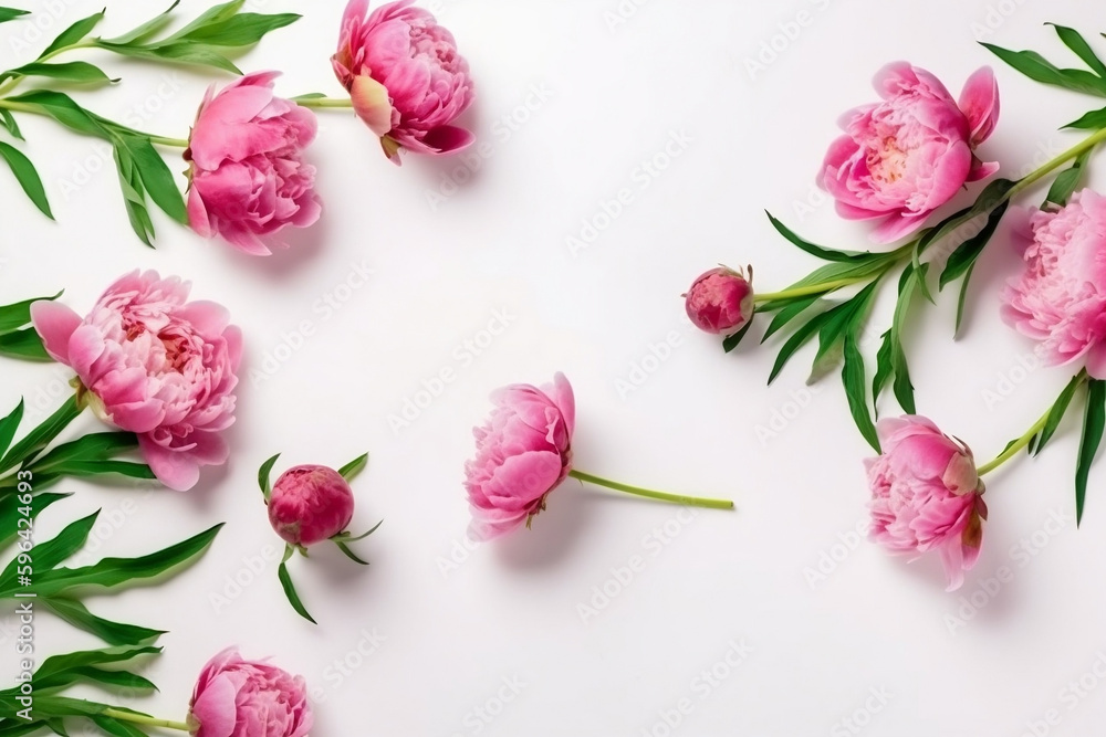 Spring peony flowers on white background top view in flat lay style. Greeting for Womens or Mothers Day or Spring Sale Banner -- Spring peony flowers on white background top view in flat lay style. Greeting for Womens or Mothers Day or Spring Sale Banner --