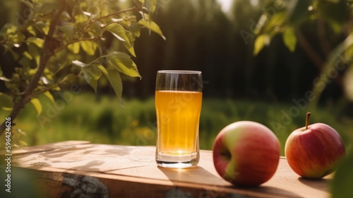 Apple juice in apple ganden. Illustration AI Generative.