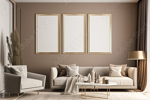 Living room interior with set of three vertical frames poster mockup  wall and sofa  render 3D  created with Generative AI