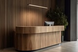 A reception desk with wooden wall accents beside it. Generative AI