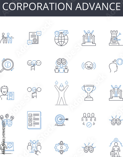 Corporation advance line icons collection. Company boost, Agency progress, Organization improvement, Business growth, Firm development, Establishment prosperity, Partnership headway Generative AI