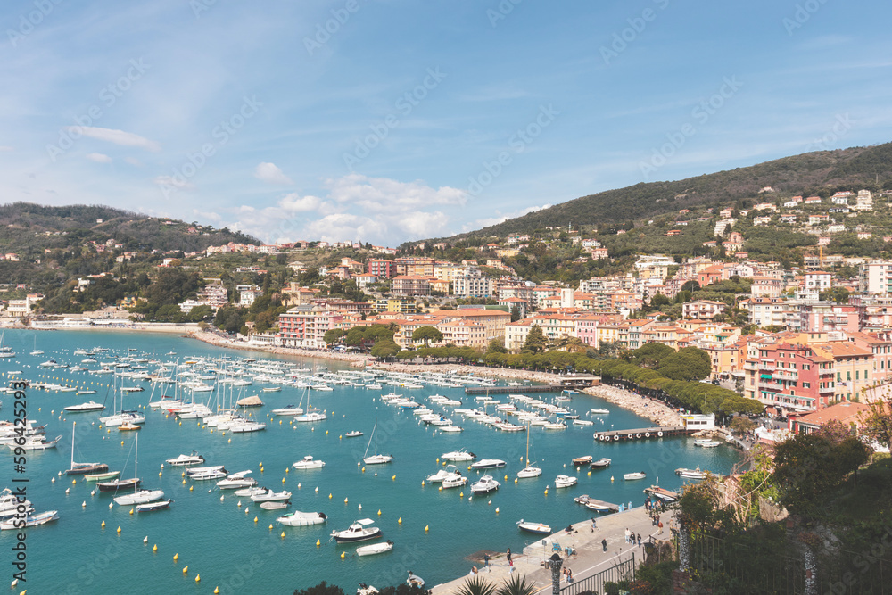 Top view of the town of Lerici and the harbor. Ligurian coast of Italy. Copy space