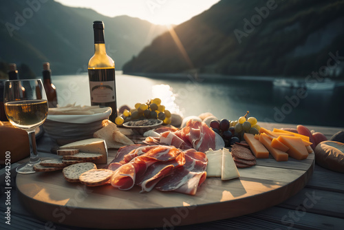 Italian appetizer prosciutto antipasti and cheeses on wooden board platter by mountain lake in the sun. Generative AI illustration