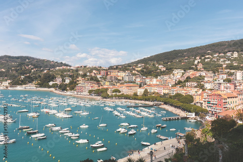 Fototapeta Naklejka Na Ścianę i Meble -  Top view of the town of Lerici and the harbor. Ligurian coast of Italy. Copy space