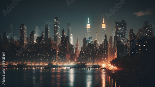 New York City at Night time, lights and cityscape beauty
