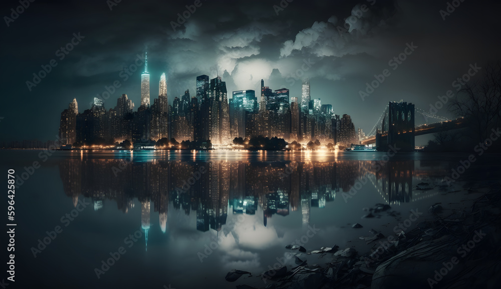 New York City at night time cityscape shot, stormy sky reflection of city, blue and gold lighting