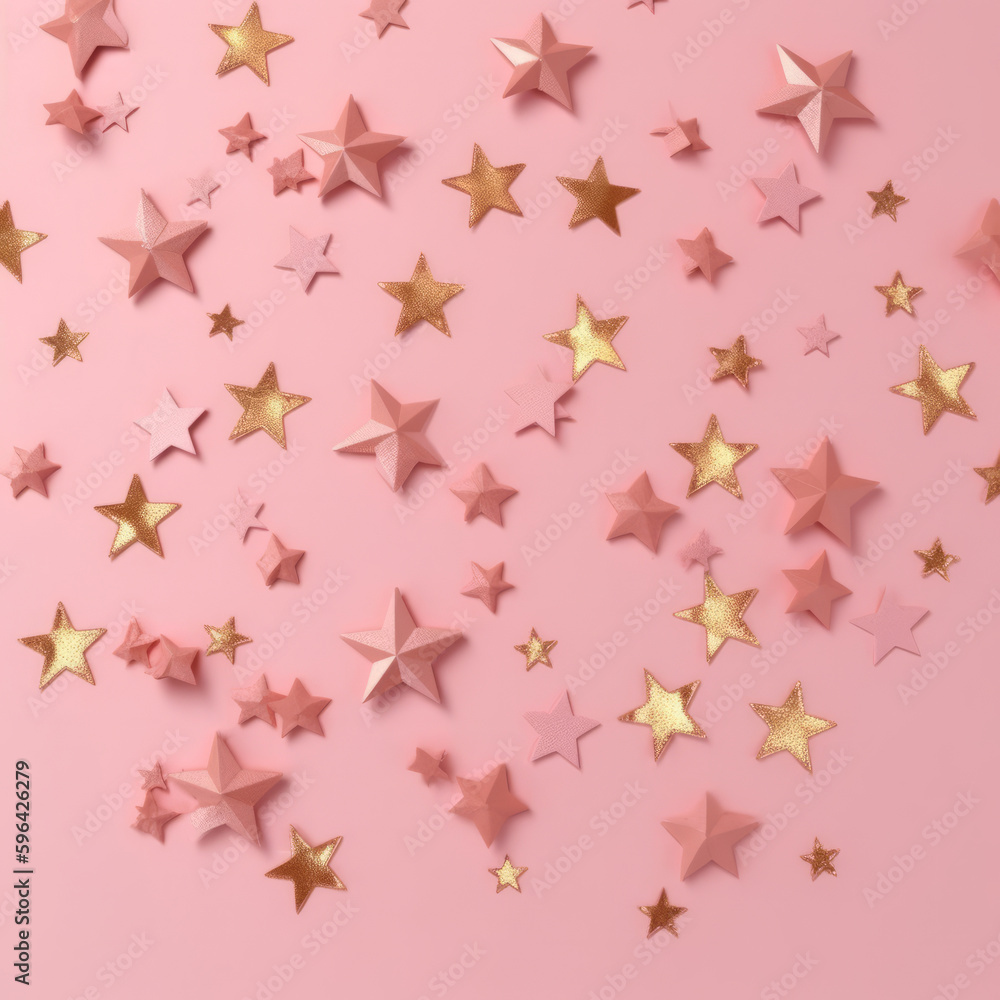 Golden stars confetti on pink background. Illustration AI Generative. Golden stars confetti on pink background. Illustration AI Generative.