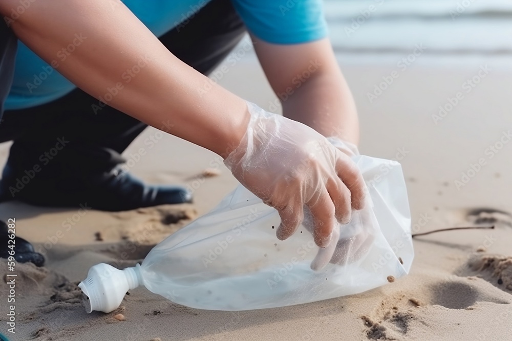 Human hands clean up plastic on the sandy beach. Generative AI.