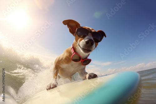 Dog jack russell surfing the wave Illustration AI Generative.