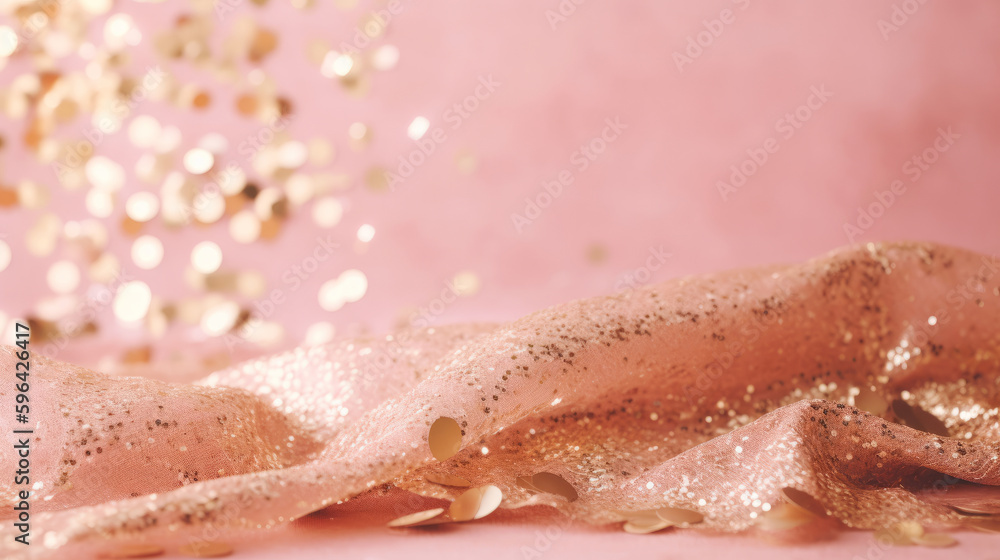 Fototapeta premium Pink background with golden confetti. Illustration AI Generative.