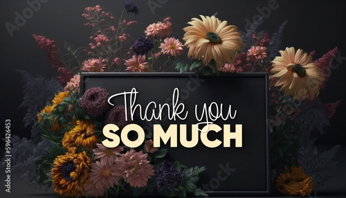 Thank you on black canvas with flowers around and white background generative ai