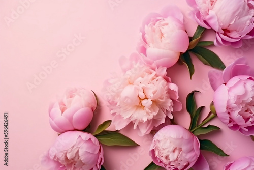Spring peony flowers on pink pastel background top view in flat lay style. Greeting for Womens or Mothers Day or Spring Sale Banner