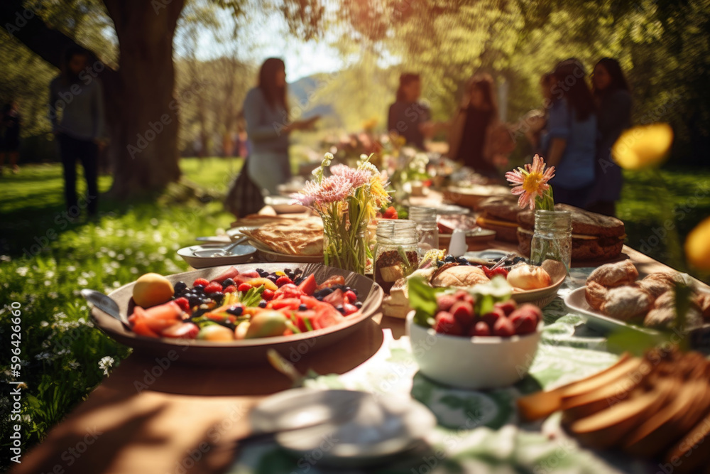 Young and happy people having festive lunch at the beautifully decorated table with healthy food in the garden AI generative art Young and happy people having festive lunch at the beautifully decorated table with healthy food in the garden AI generative art