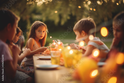 Group of a children having festive lunch outdoors