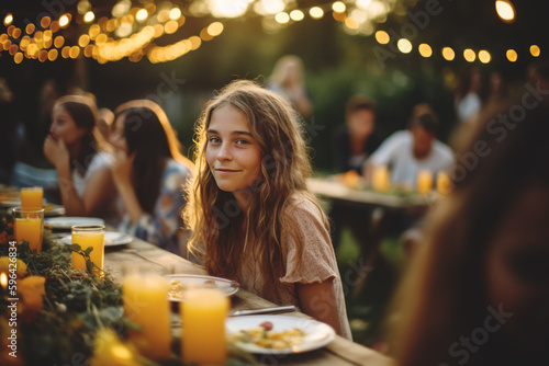 Portrait of a girl and group of young people having festive lunch outdoors