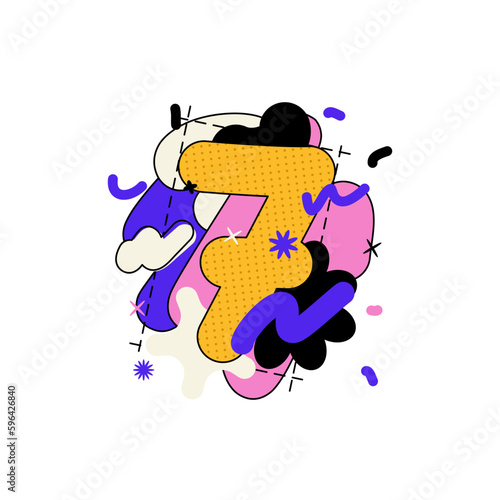 Number 7 vector illustration. Digit with hand drawn shapes and lines. Round playful figures in cartoon graffiti style. Festive set in playful style. Stylized seven