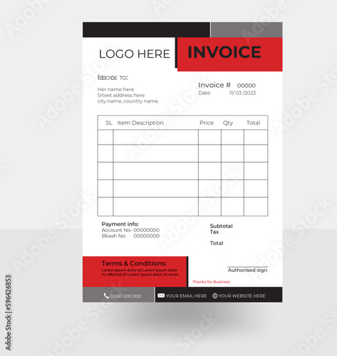 Corporate Business Invoice design template with red and black color. vector.