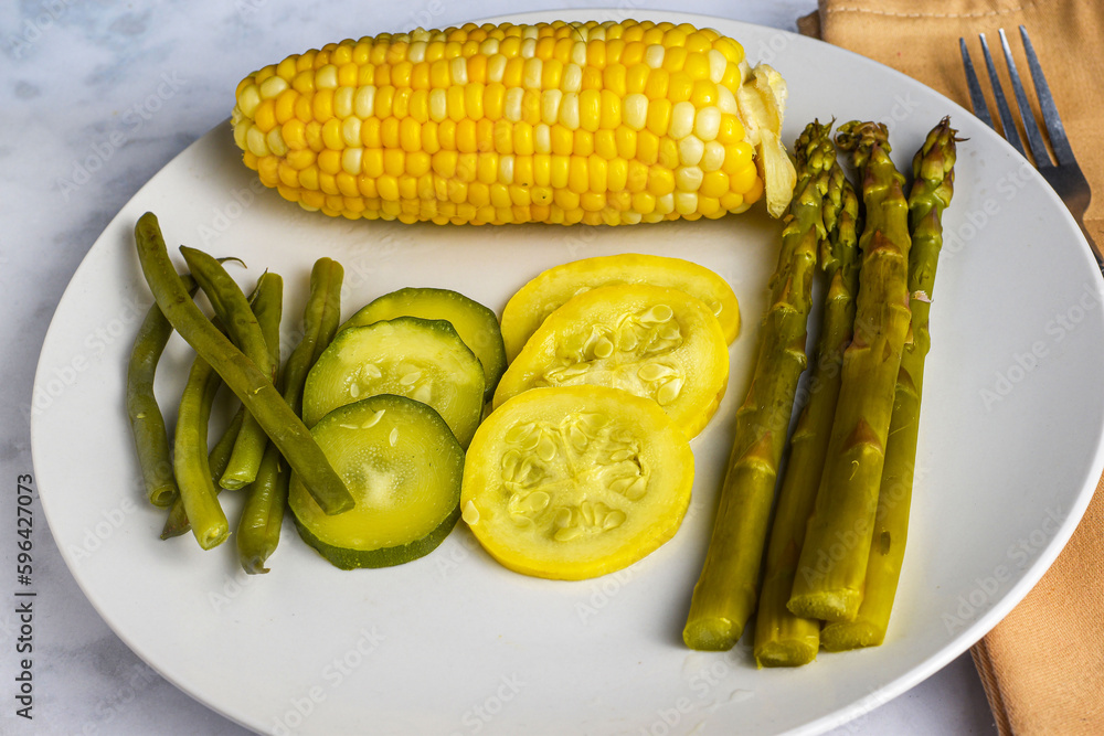 steamed squash, beans and asparagus with corn