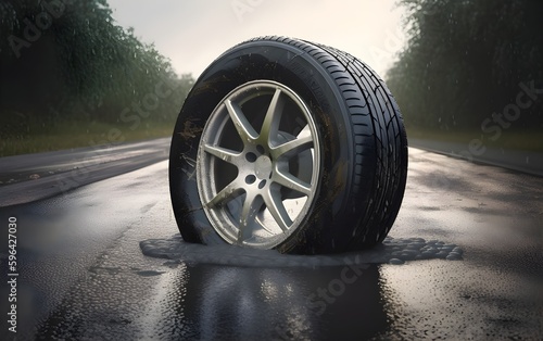 Car tire on rainy highway. Generative AI