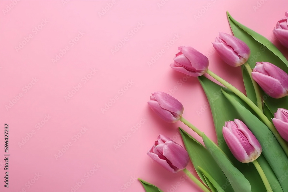 Spring tulip flowers on pink background top view in flat lay style. Greeting for Womens or Mothers Day or Spring Sale Banner Spring tulip flowers on pink background top view in flat lay style. Greeting for Womens or Mothers Day or Spring Sale Banner