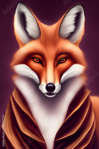 head of a red fox in a dressing gown against a maroon background, generative ai