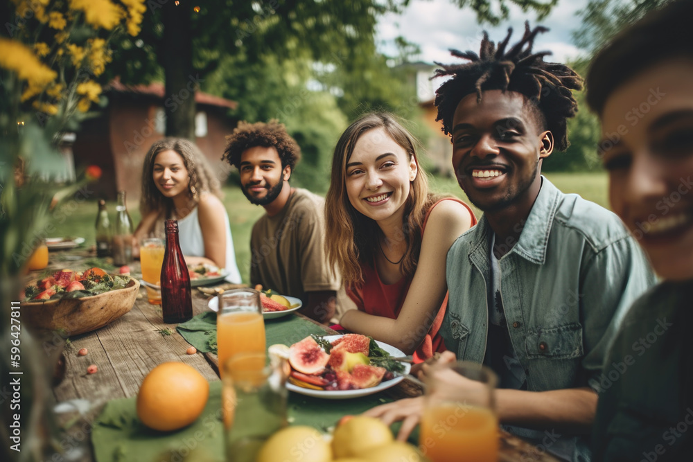 Group of young and happy people having lunch outdoors Group of young and happy people having lunch outdoors