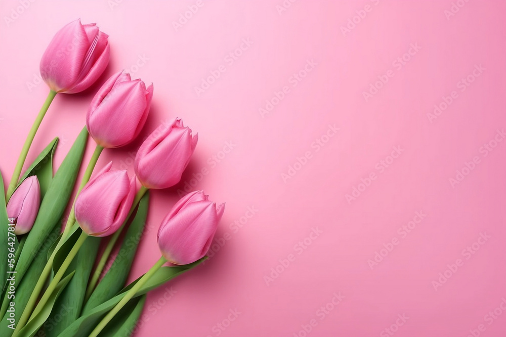 Spring tulip flowers on pink background top view in flat lay style. Greeting for Womens or Mothers Day or Spring Sale Banner