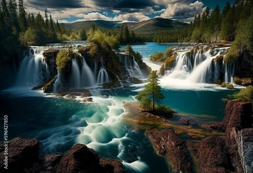 Terrain Landscape with Tiered Waterfalls and Scenic Lakes. AI Generated © iiulia