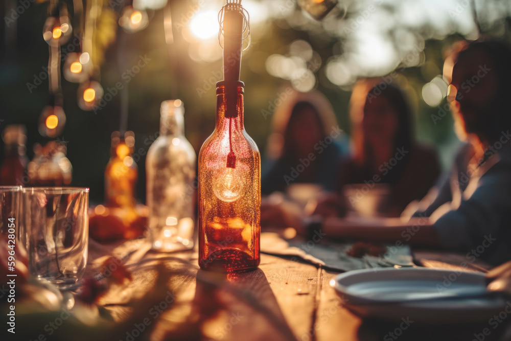 Young and happy people having festive lunch at the beautifully decorated table with healthy food in the garden AI generative art Young and happy people having festive lunch at the beautifully decorated table with healthy food in the garden AI generative art