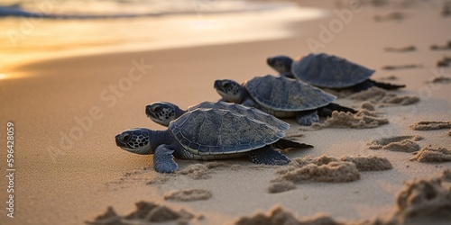 A family of sea turtles hatching from their eggs and making their way to the ocean, concept of Reproduction in marine animals, created with Generative AI technology