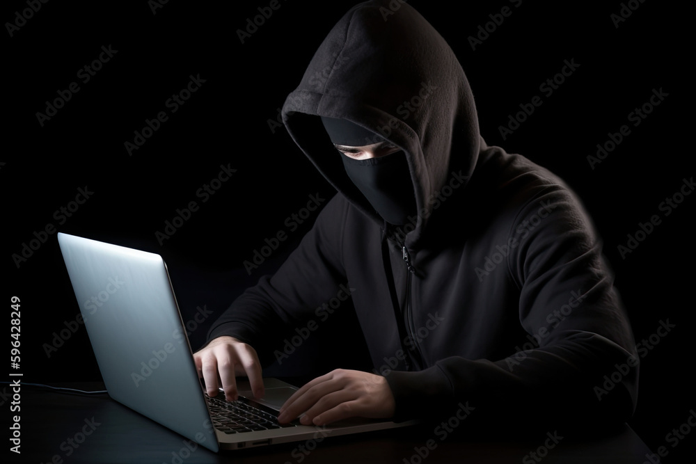 Hacking and malware concept. Hacker using laptop with digital interface. Generative AI Hacking and malware concept. Hacker using laptop with digital interface. Generative AI