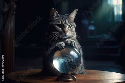 A fortune teller cat with a magic crystal ball. Generative AI photo