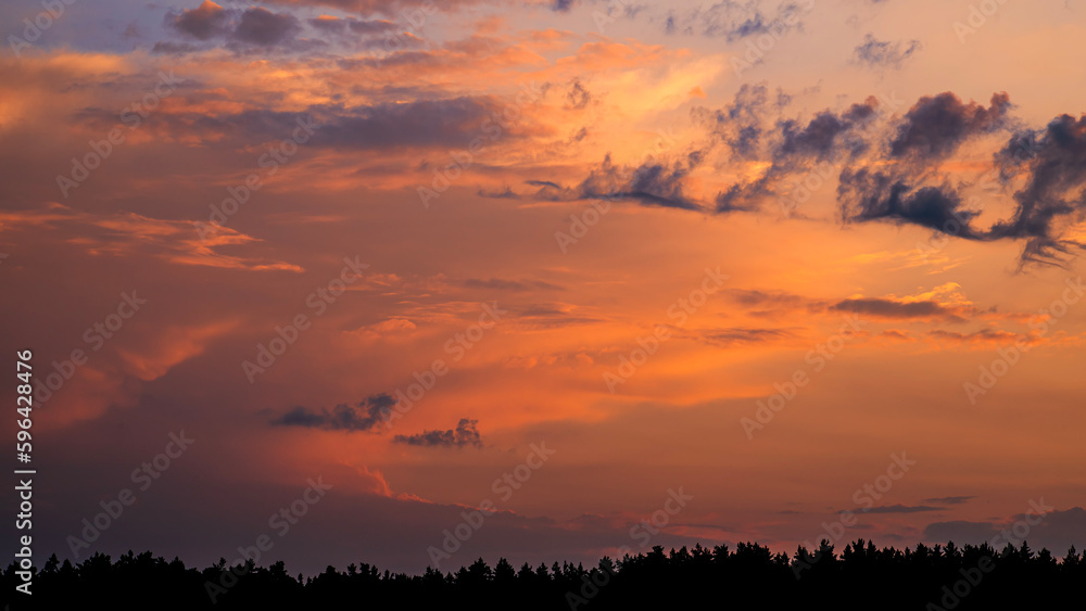 Natural sunrise over forest. Bright red sky. Countryside landscape. Under scenic colorful sky at sunrise.