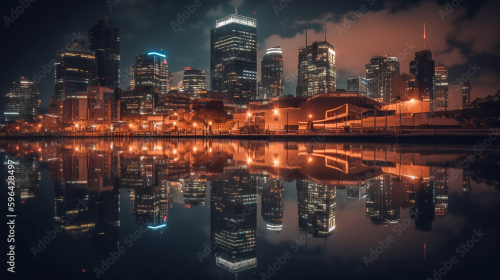 Obraz premium A view of a city skyline reflected in a still body of water, with the lights of the buildings shimmering and dancing on the surface of the water - ai generative