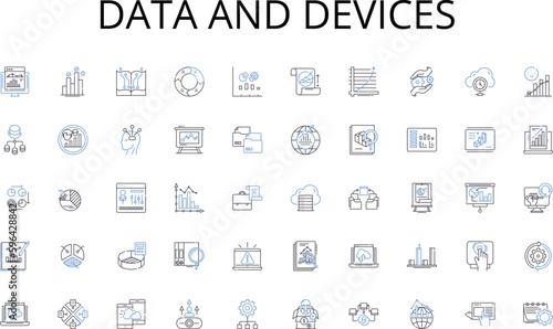 Data and devices line icons collection. Learning, Analytics, Algorithms, Intelligence, Perception, Adaptation, Innovation vector and linear illustration. Generative AI photo