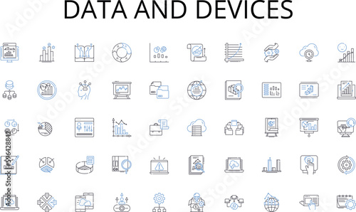 Data and devices line icons collection. Learning, Analytics, Algorithms, Intelligence, Perception, Adaptation, Innovation vector and linear illustration. Generative AI