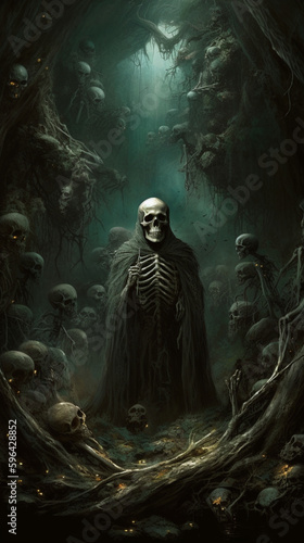 Dark Lord Yomi scary beautiful skeleton crypt back   Generative AI