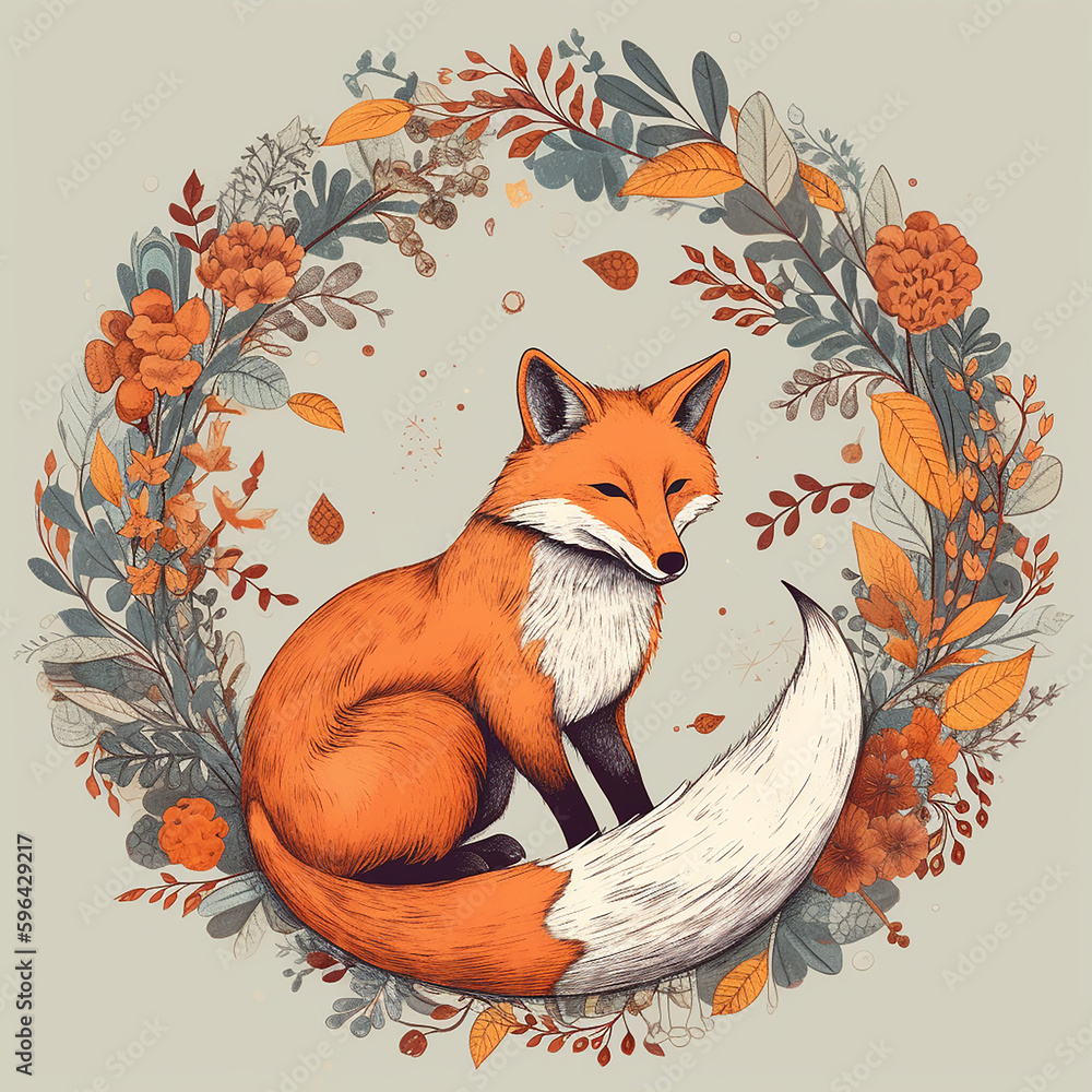 Fototapeta premium fox and boho frame flowers