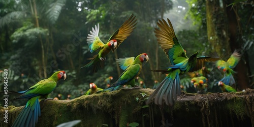 A flock of parrots squawking and flapping their wings in a tropical rainforest, concept of Avian behavior, created with Generative AI technology © koldunova