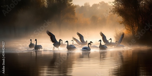 A flock of geese taking off from a calm lake, concept of Bird migration, created with Generative AI technology © koldunova