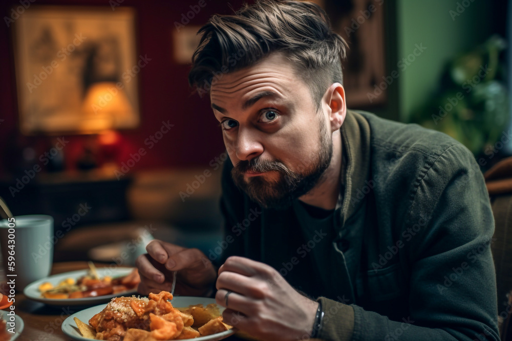 Man makes funny expression after being caught binging on food - ai generative