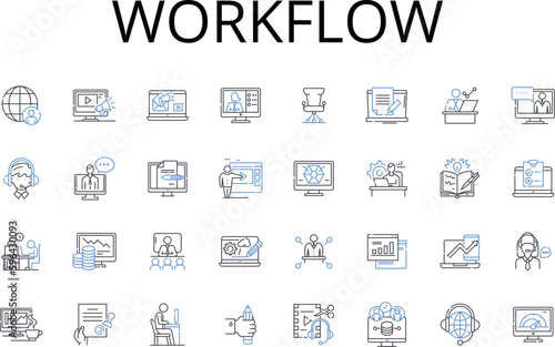 Workflow line icons collection. Business process, Task system, Work schedule, Job procedure, Project framework, Operational flow, Production cycle vector and linear illustration. Generative AI