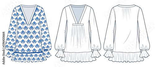 Women's Ruffled Dress technical fashion illustration, floral design. Mini Tunic Dress fashion flat technical drawing template, long sleeve, v neck, front, back view, white, blue, women CAD mockup set.