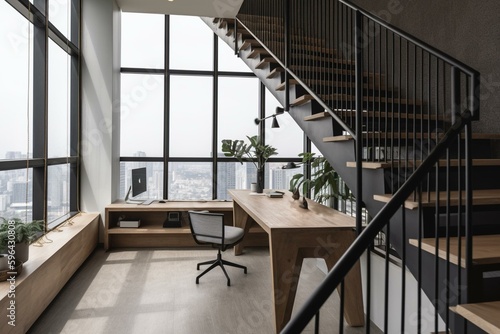 Modern and chic coworking workspace with monochrome decor, sleek stairway, light timber desk, contemporary computers on white wall, and stunning cityscape from expansive window. Generative AI