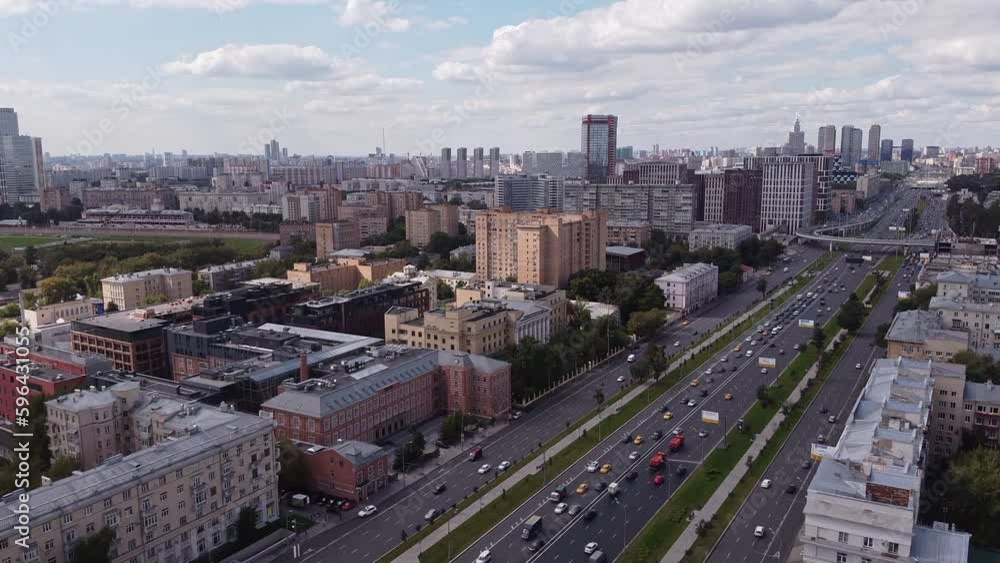 Establishing shot with an aerial view of the metropolis of Moscow. Aerial view of the Moscow area