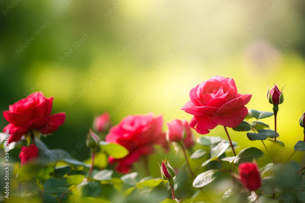 Beautiful red rose flowers on a blurred background. Generative AI.
