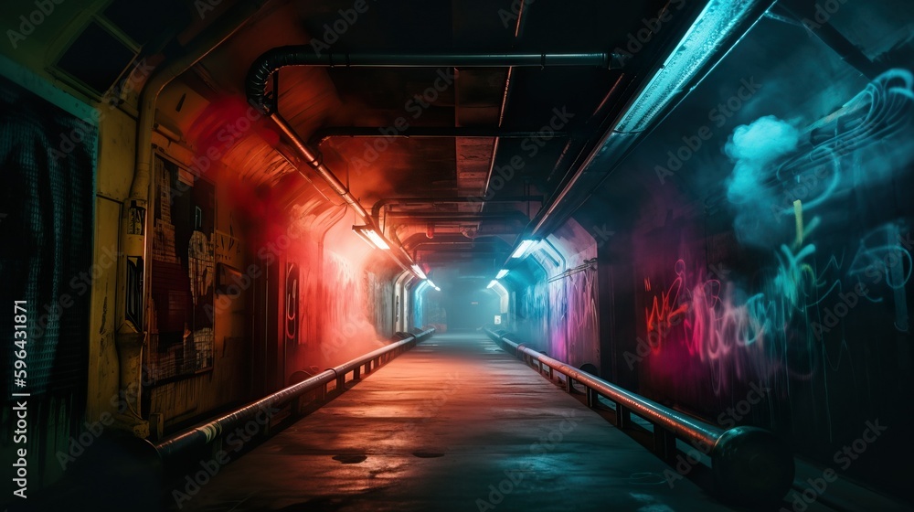 Cyberpunk Neon Tunne with graffiti on a wall and colorful smoke. Perspective. Future wallpaper. Grunge industrial scene. Genarative AI illustration.