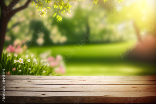 Empty wooden table top, product display, showcase stage on green garden background. Generative AI. © julijadmi