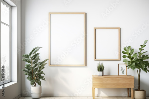 Empty frame mockup on white wall in living room interior with green plants. Generative AI.