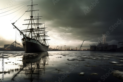 White old sail ship in post apocalyptique harbor. Generative ai